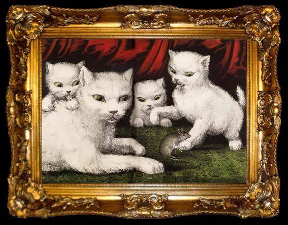 framed  Currier and Ives Three little white kitties, ta009-2